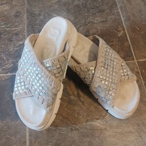 Mou Criss-Cross Bio Sandal Denim and Sequins in Gold Size 38